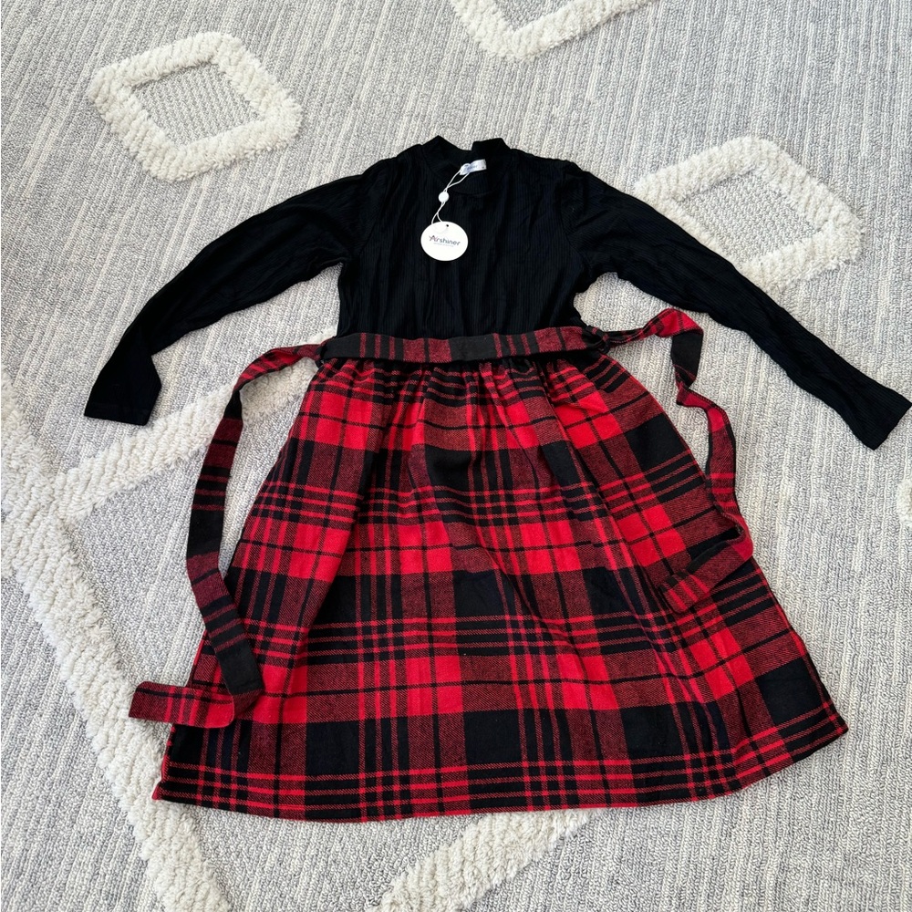 Arshiner Girls Long Sleeve Rib Knit Plaid Patchwork Belted Dress with Pockets